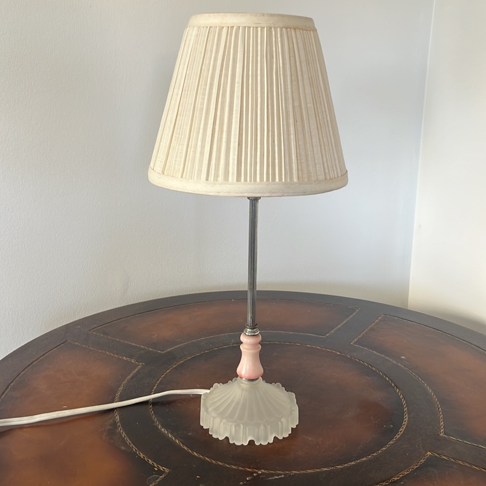 Vintage Silver Lamp With Frosted Ribbed Base And Pink Bakelite Accent